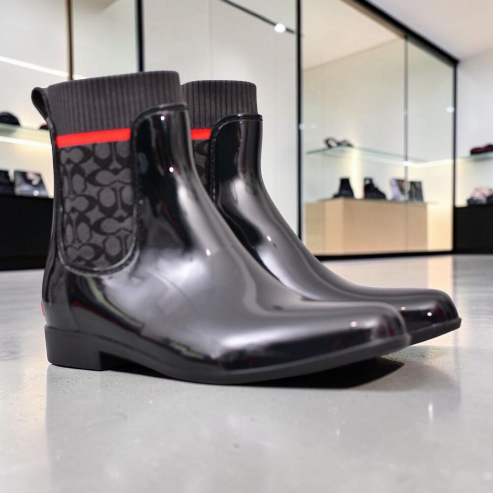 COACH Women's Size 9 Black Red Rivington Ankle Rain Boots Water Resistant